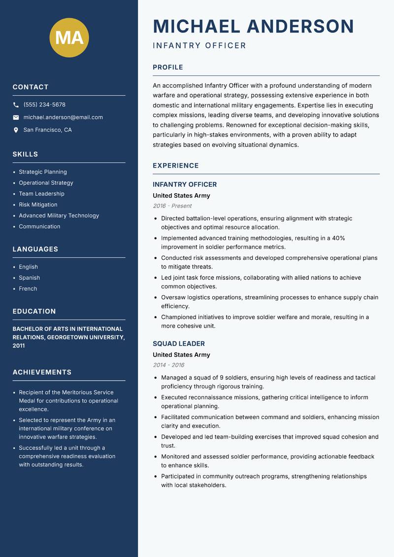 Infantry Officer resume template — Classic Clean