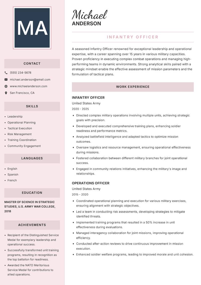 Infantry Officer resume template — Executive