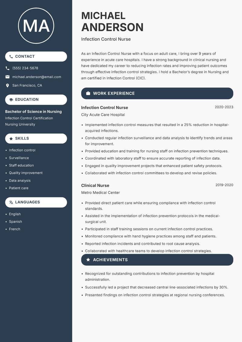 Infection Control Nurse resume template — Compact
