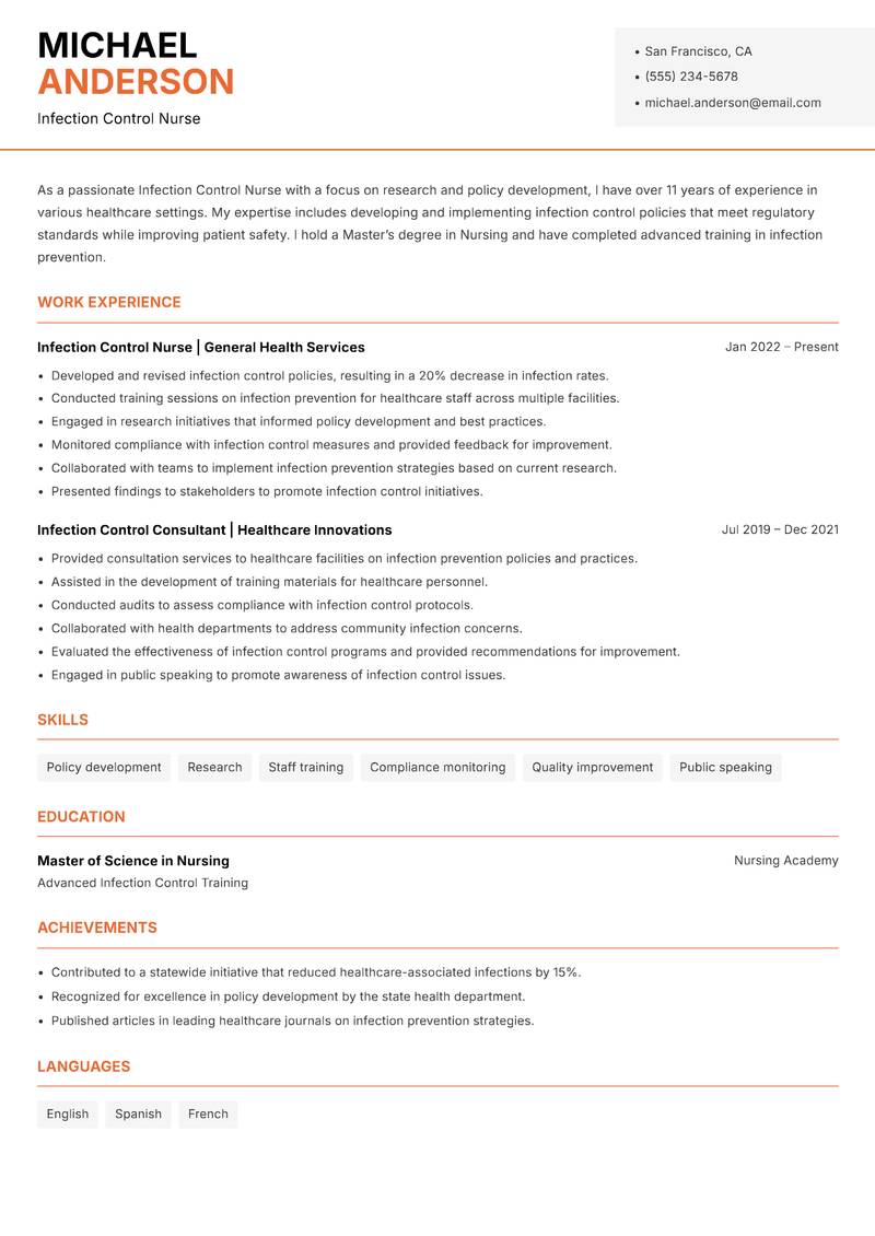Infection Control Nurse resume template — Modern Professional