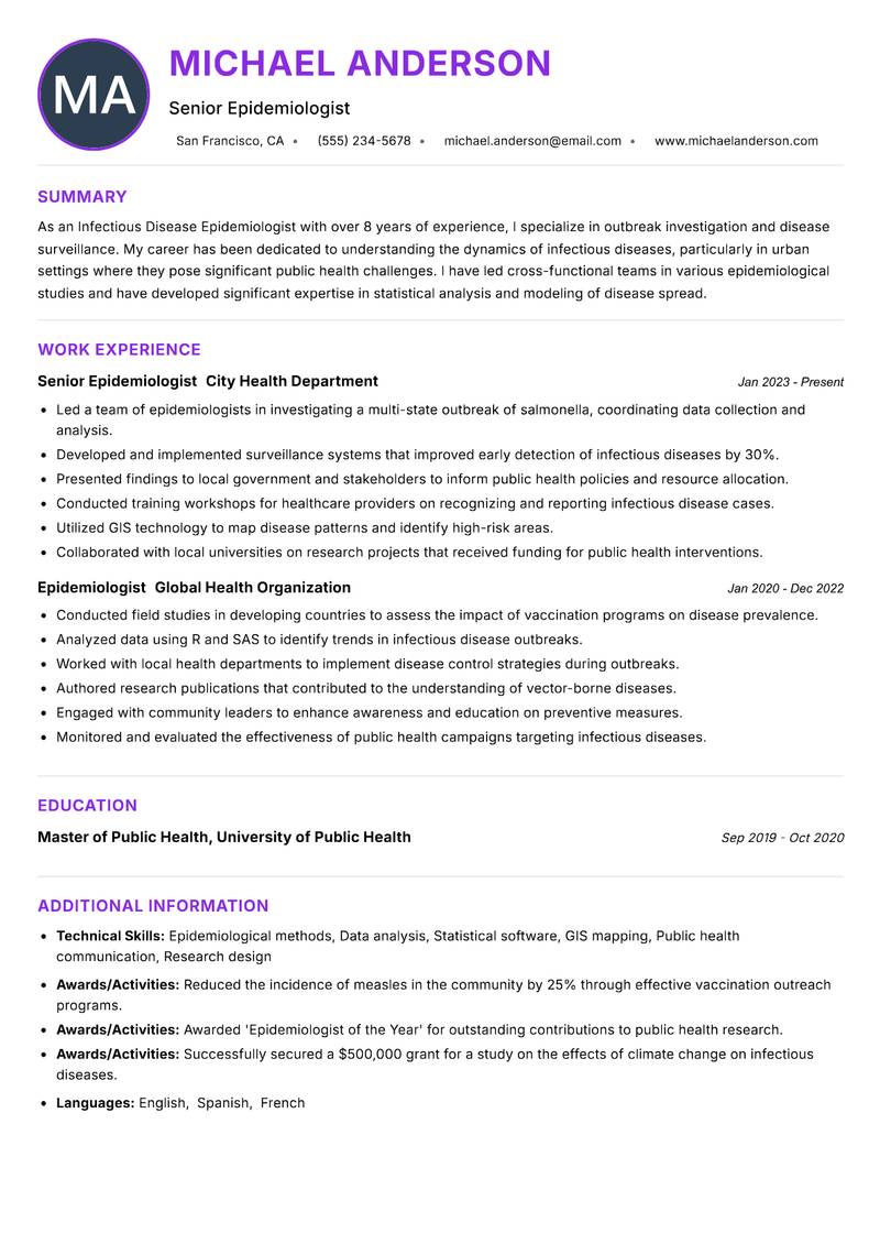 Infectious Disease Epidemiologist resume example — ATS-friendly template