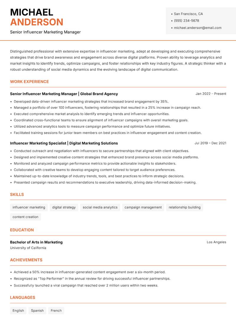 Influencer Marketing Executive resume template — Modern Professional