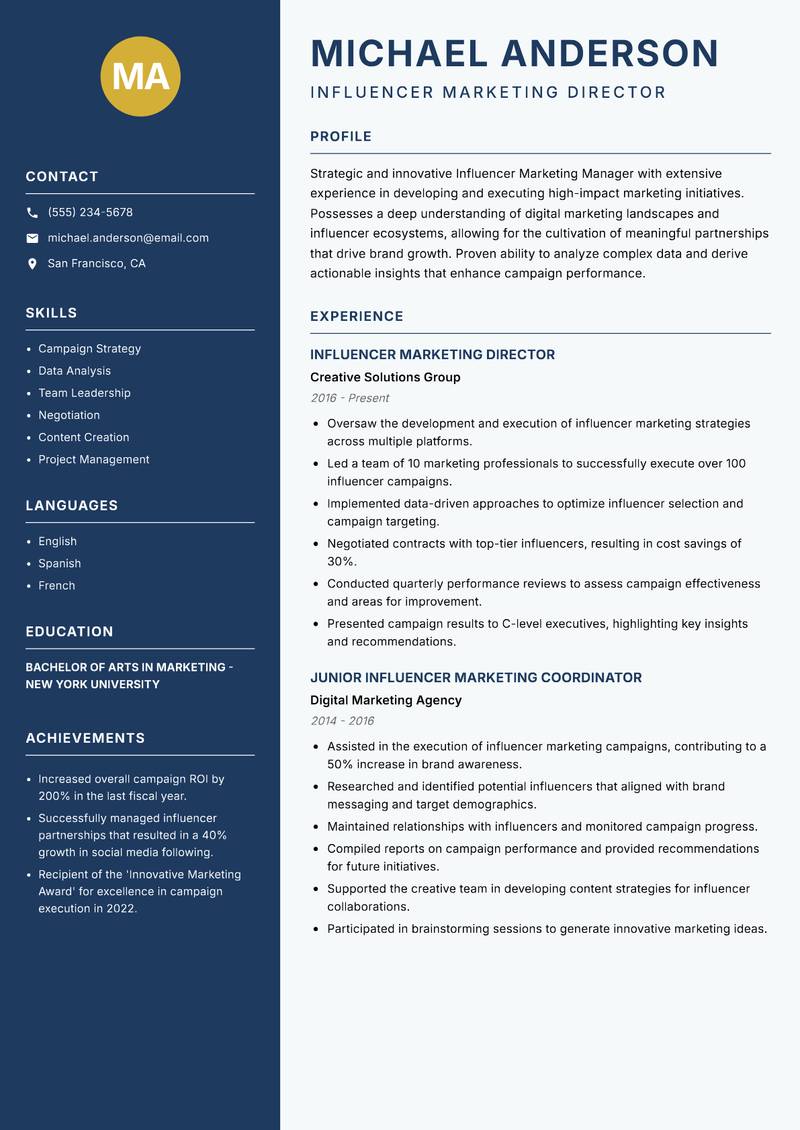 Influencer Marketing Manager resume template — Classic Clean