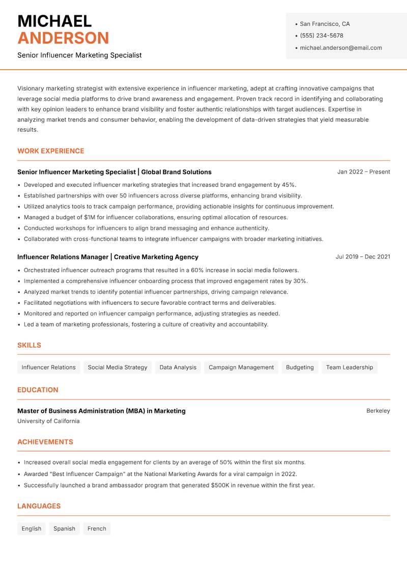 Influencer Marketing Manager resume template — Modern Professional