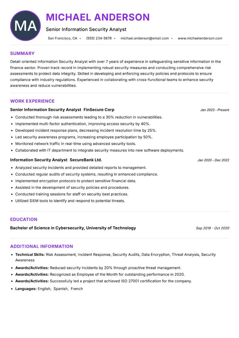 Information Security Analyst resume example — ATS-friendly template
