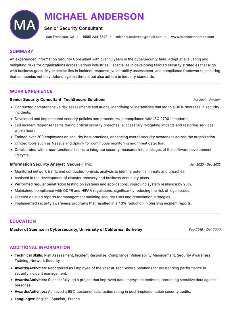 Information Security Consultant resume example — ATS-friendly template