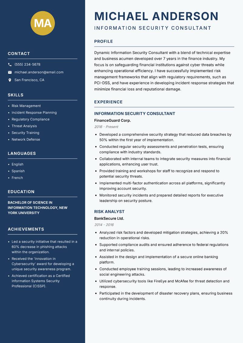 Information Security Consultant resume template — Classic Clean