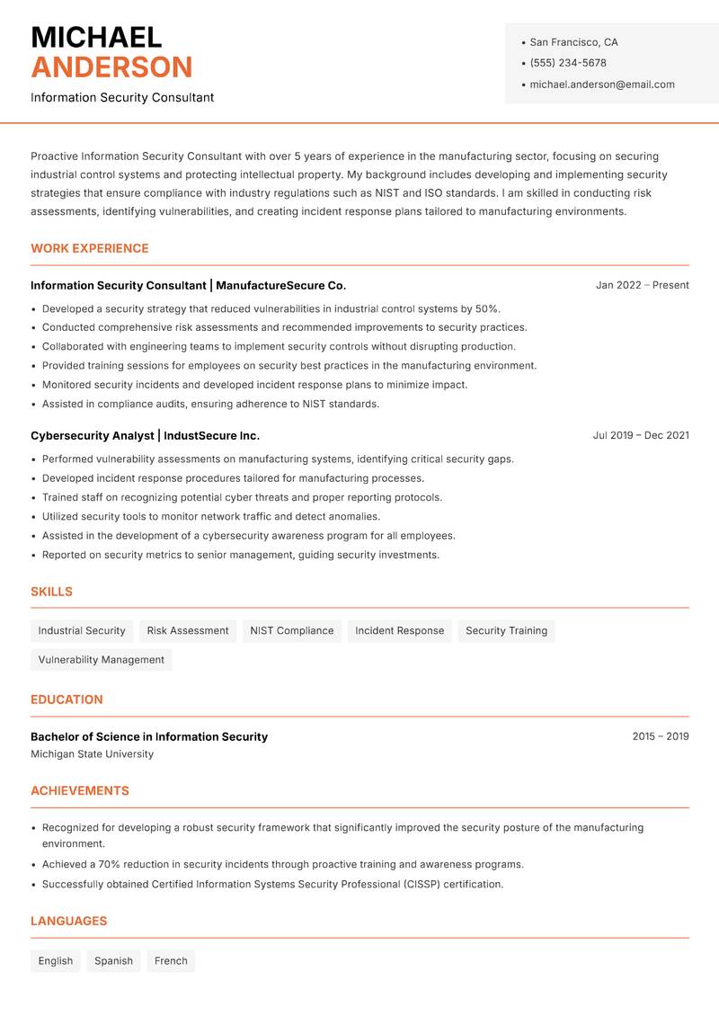 Information Security Consultant resume template — Modern Professional