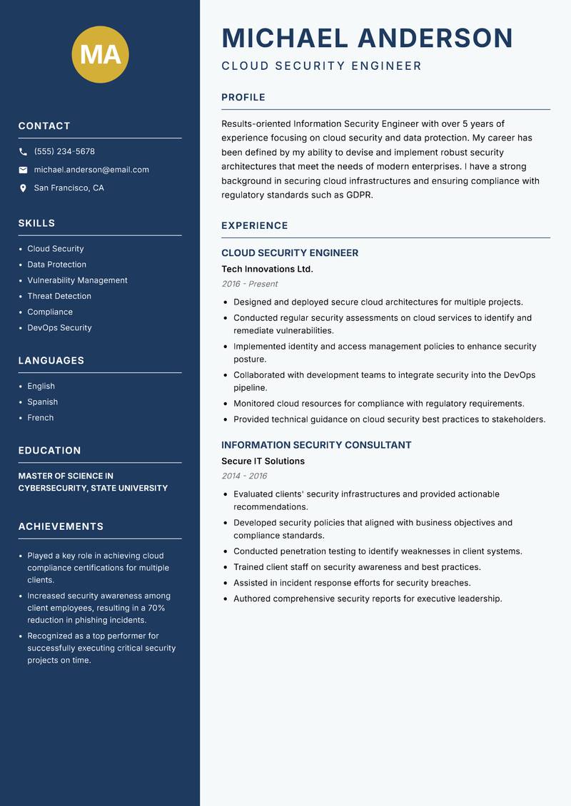 Information Security Engineer resume template — Classic Clean