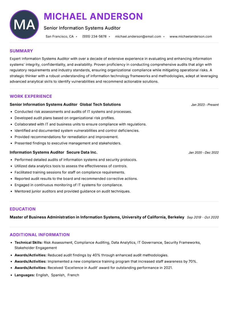 Information Systems Auditor resume example — ATS-friendly template