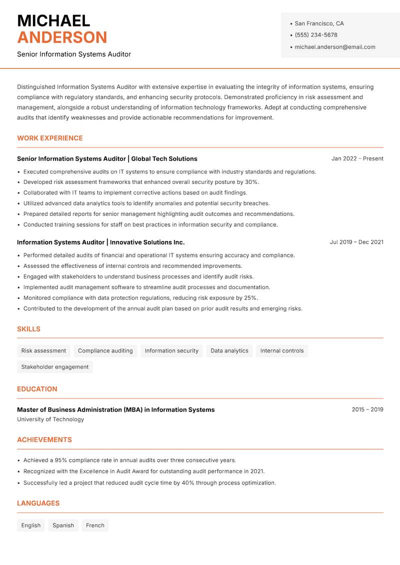 Information Systems Auditor resume template — Modern Professional