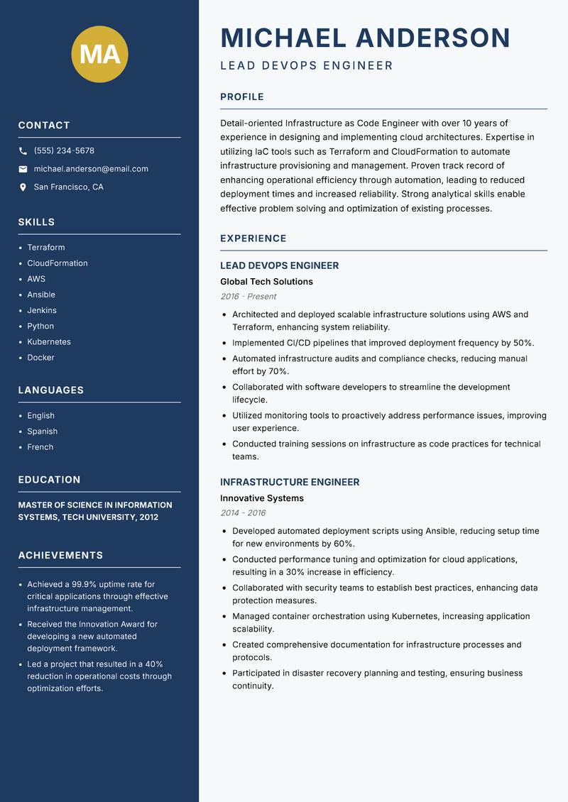 Infrastructure as Code Engineer resume template — Classic Clean
