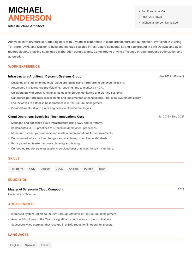 Infrastructure as Code Engineer resume template — Modern Professional