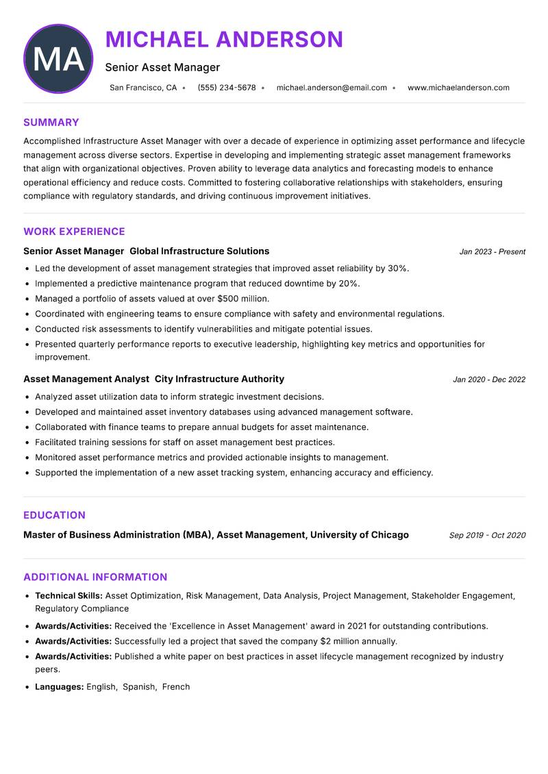 Infrastructure Asset Manager resume example — ATS-friendly template