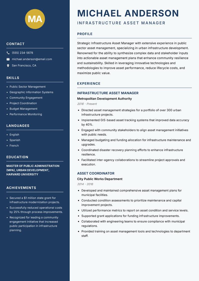 Infrastructure Asset Manager resume template — Classic Clean