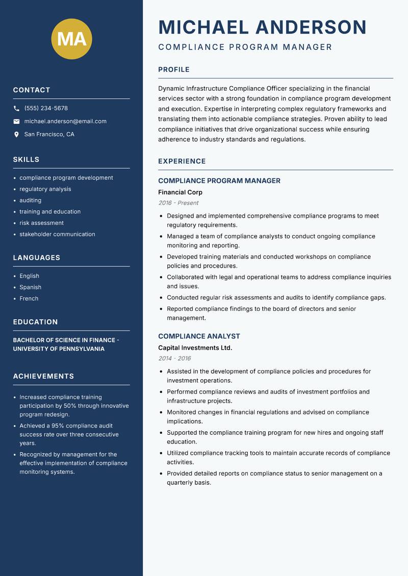 Infrastructure Compliance Officer resume template — Classic Clean