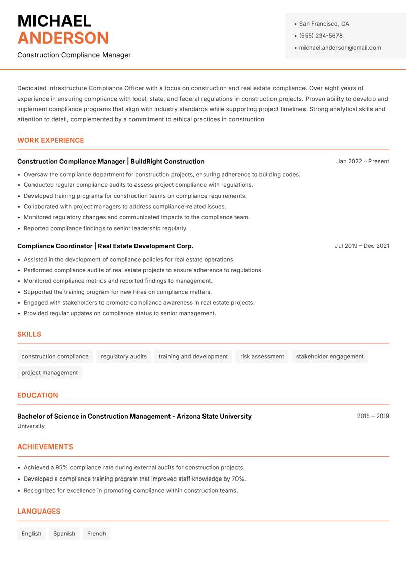 Infrastructure Compliance Officer resume template — Modern Professional
