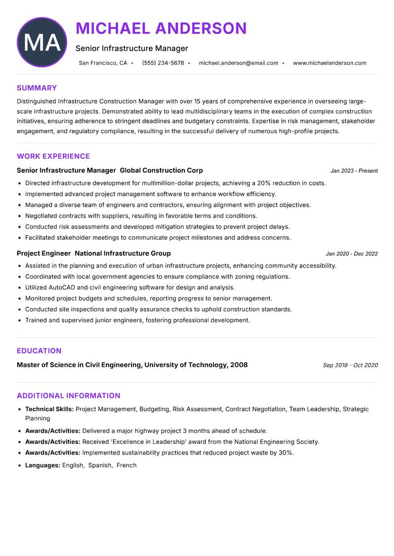 Infrastructure Construction Manager resume example — ATS-friendly template
