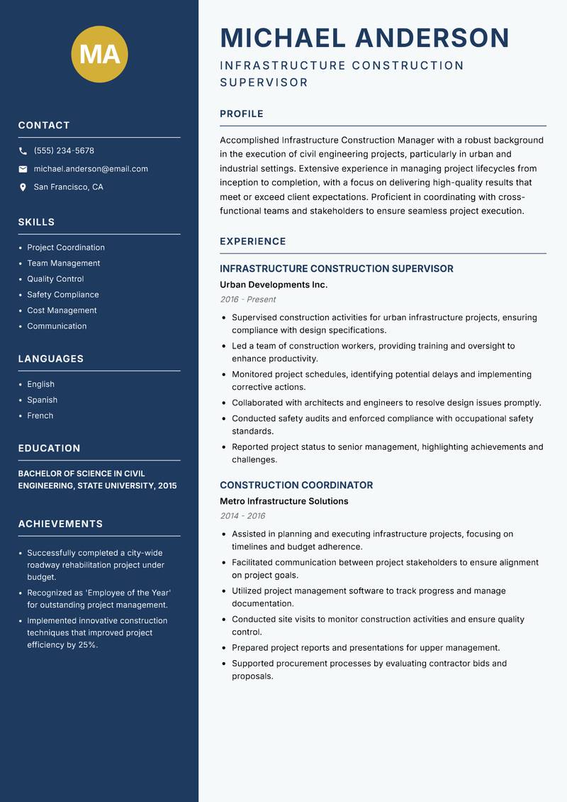 Infrastructure Construction Manager resume template — Classic Clean