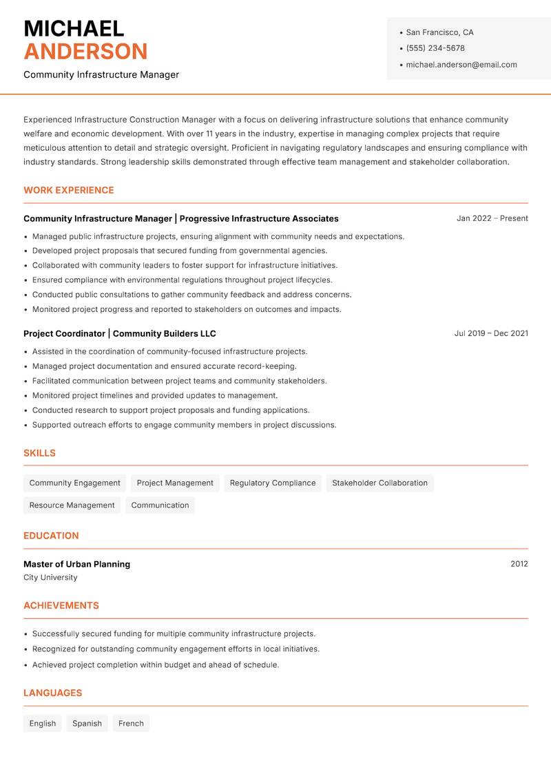 Infrastructure Construction Manager resume template — Modern Professional