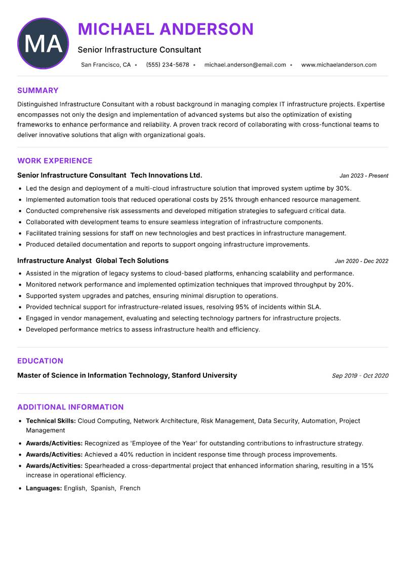 Infrastructure Consultant resume example — ATS-friendly template
