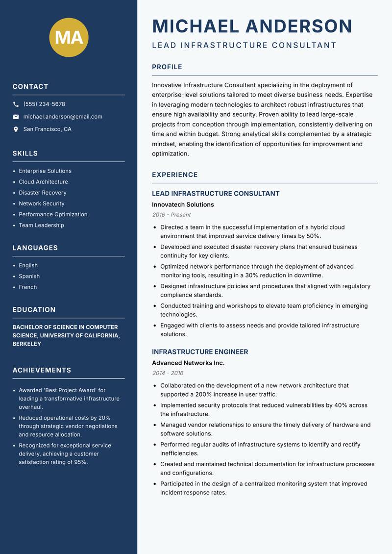 Infrastructure Consultant resume template — Classic Clean