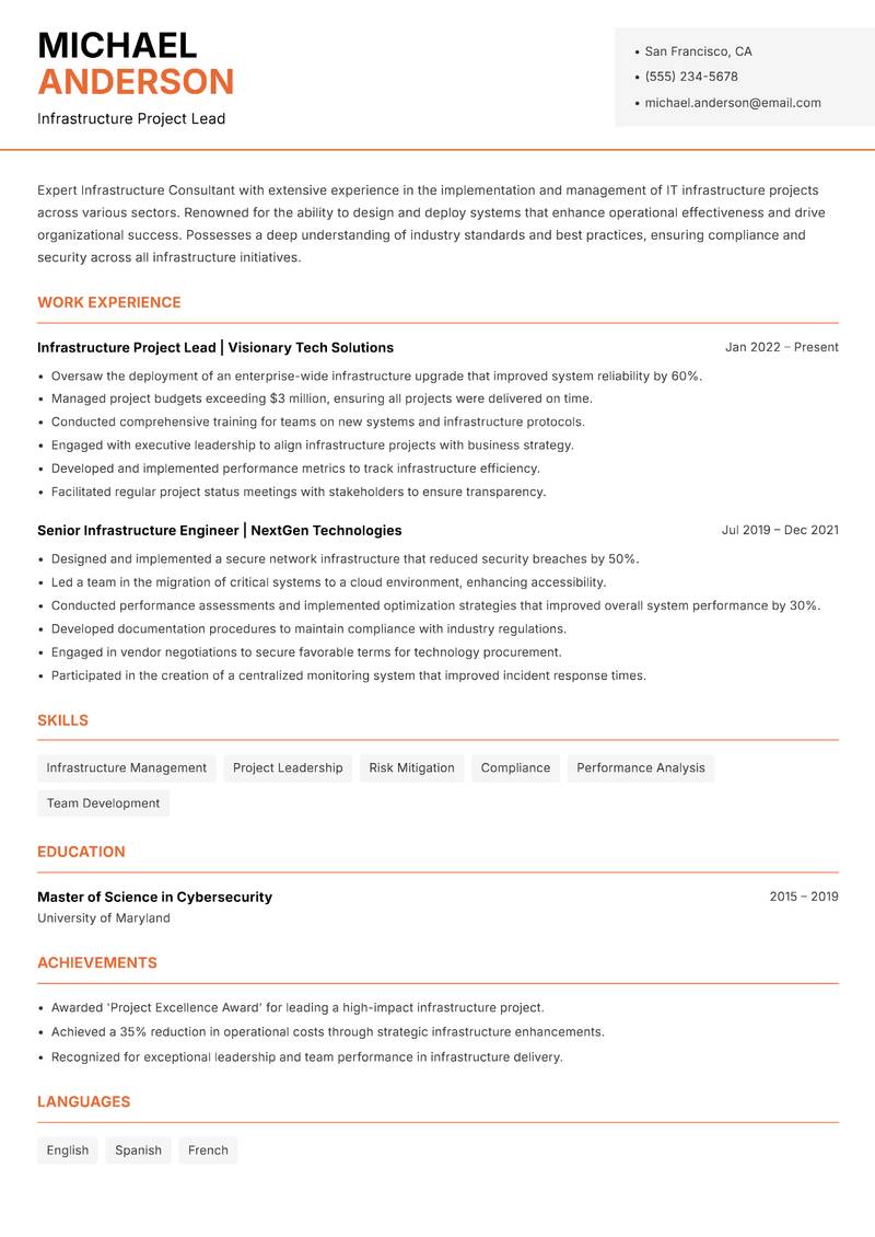 Infrastructure Consultant resume template — Modern Professional
