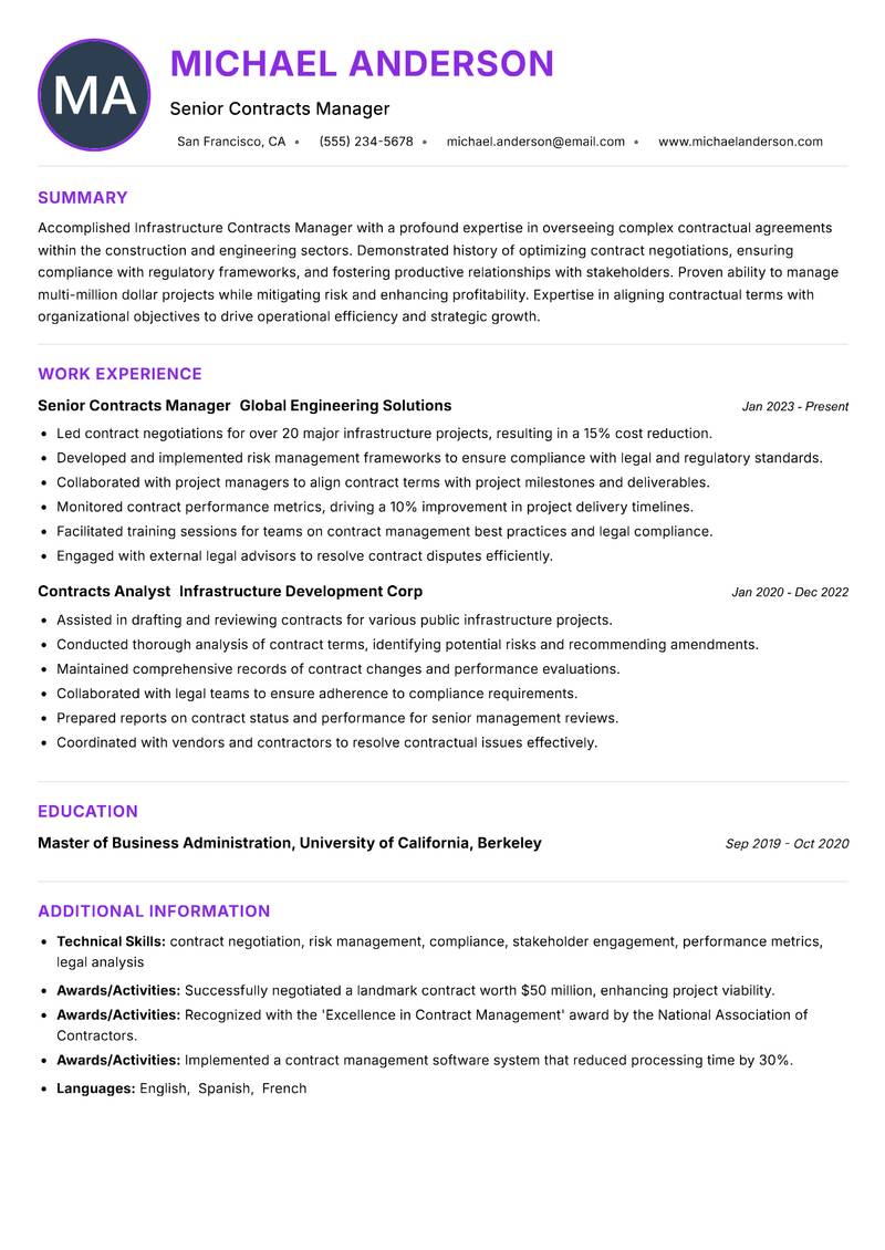 Infrastructure Contracts Manager resume example — ATS-friendly template