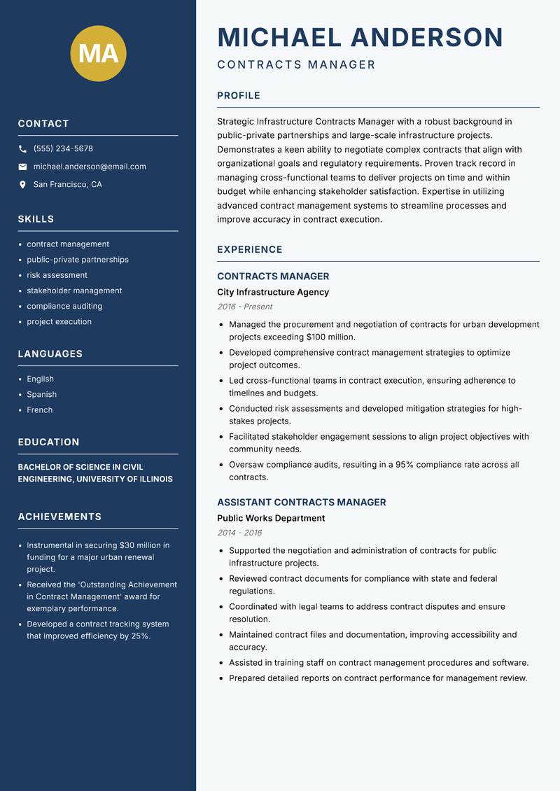 Infrastructure Contracts Manager resume template — Classic Clean
