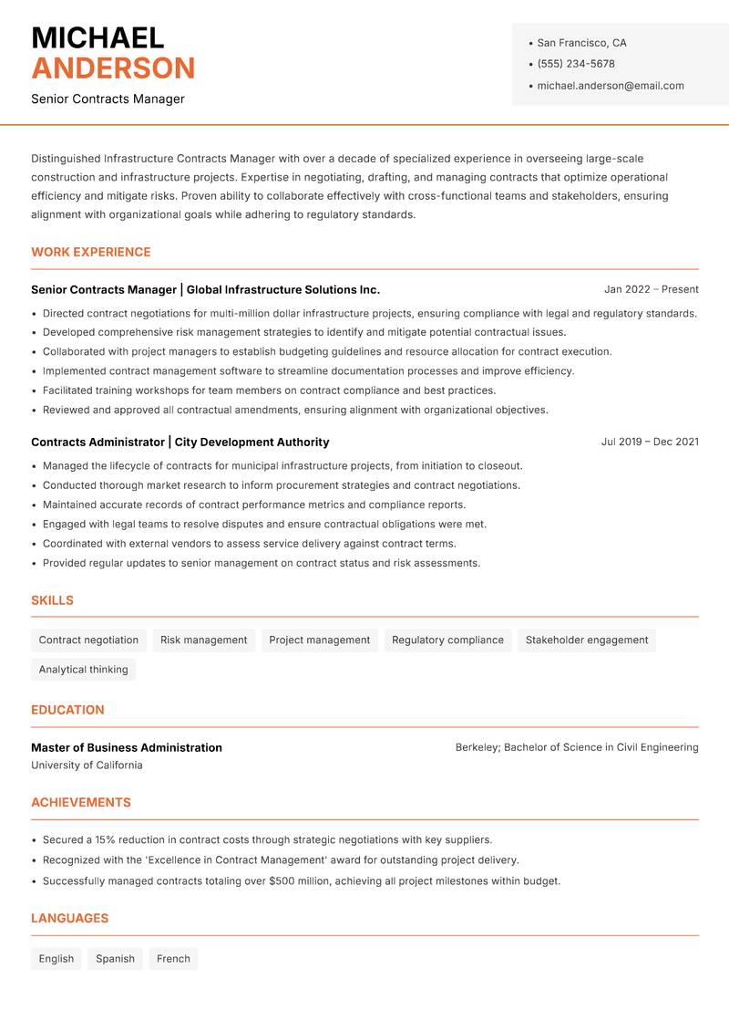 Infrastructure Contracts Manager resume template — Modern Professional