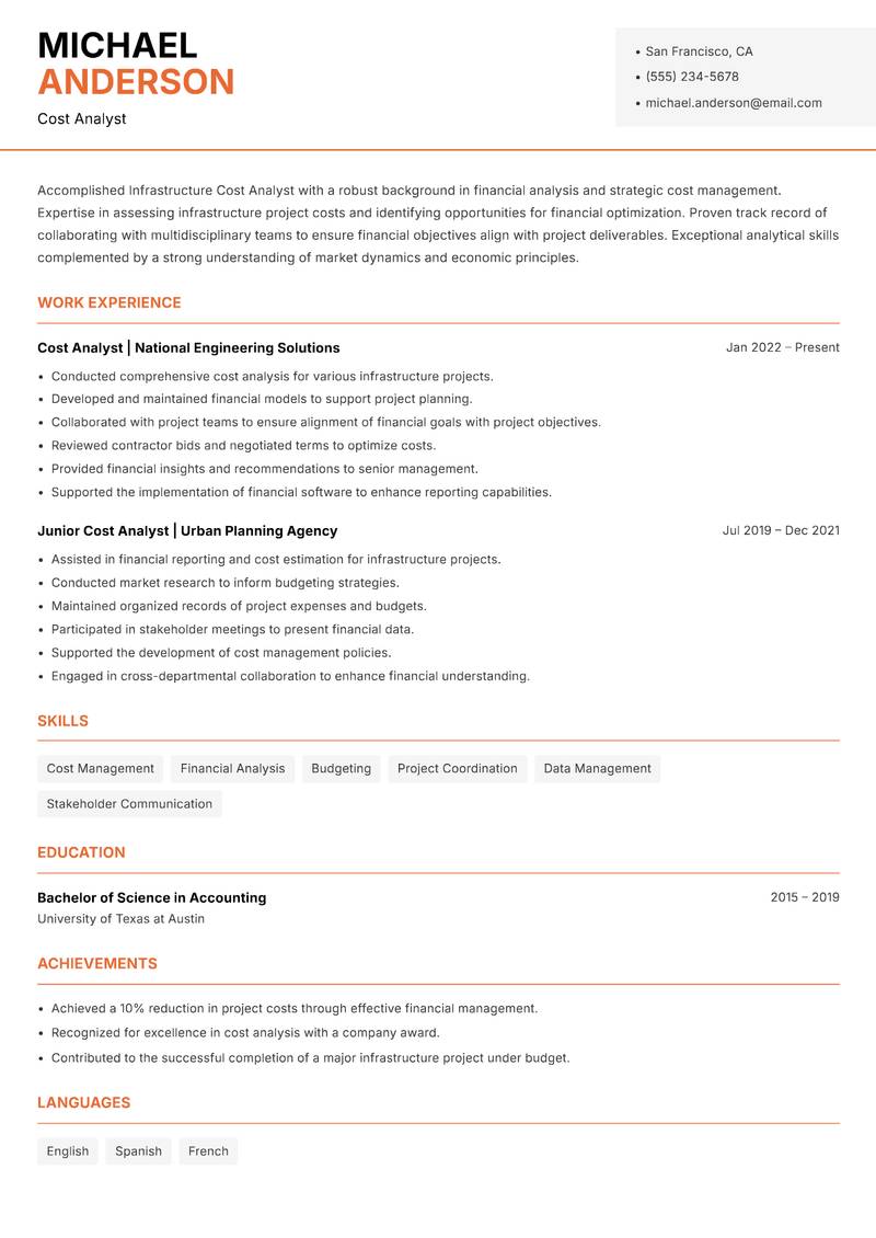 Infrastructure Cost Analyst resume template — Modern Professional