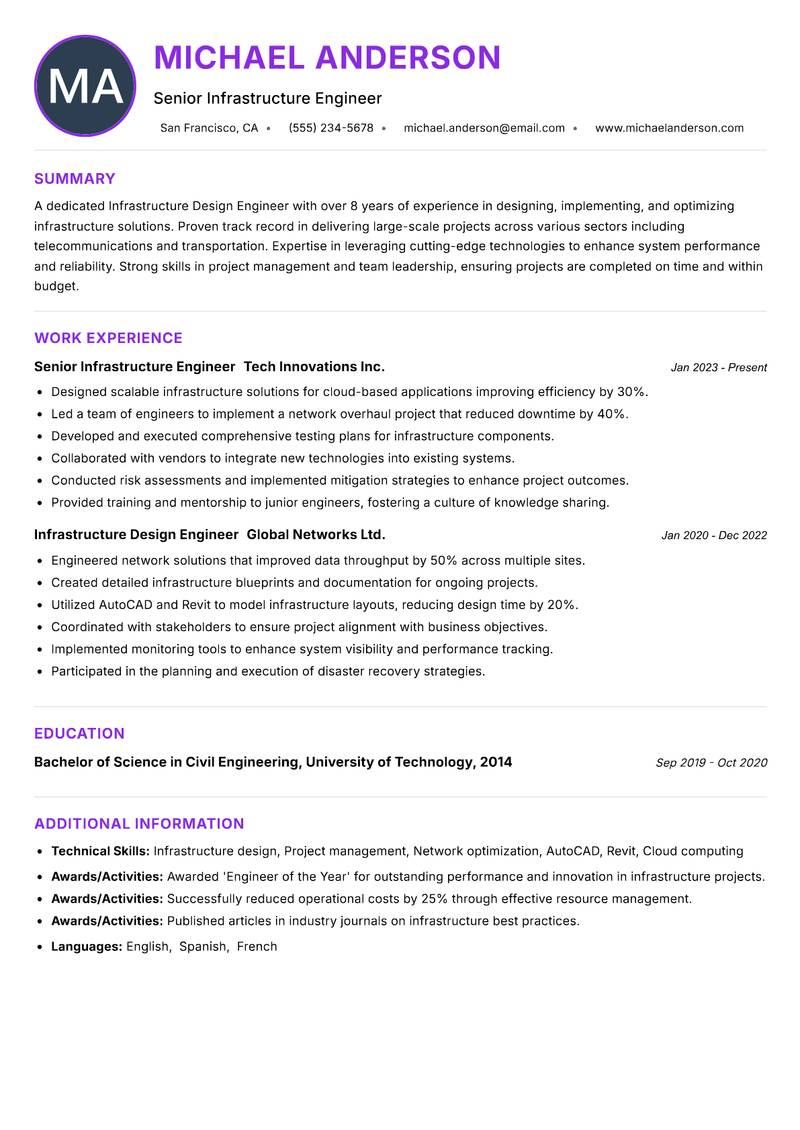 Infrastructure Design Engineer resume example — ATS-friendly template