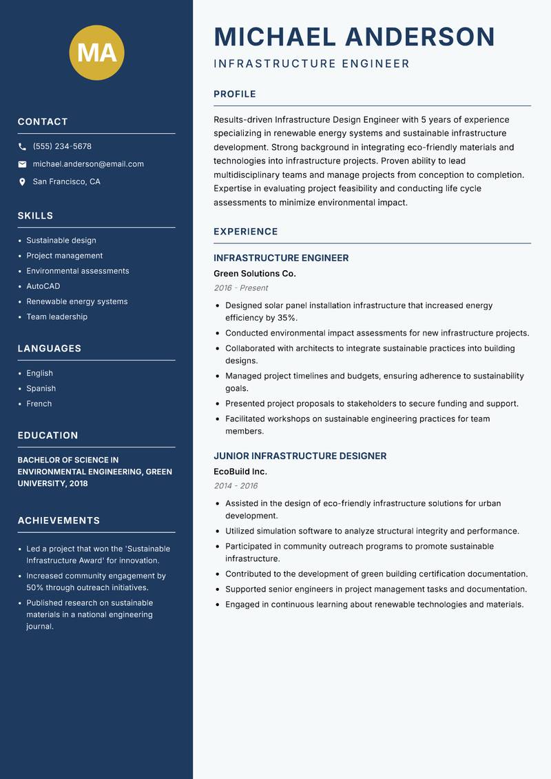 Infrastructure Design Engineer resume template — Classic Clean