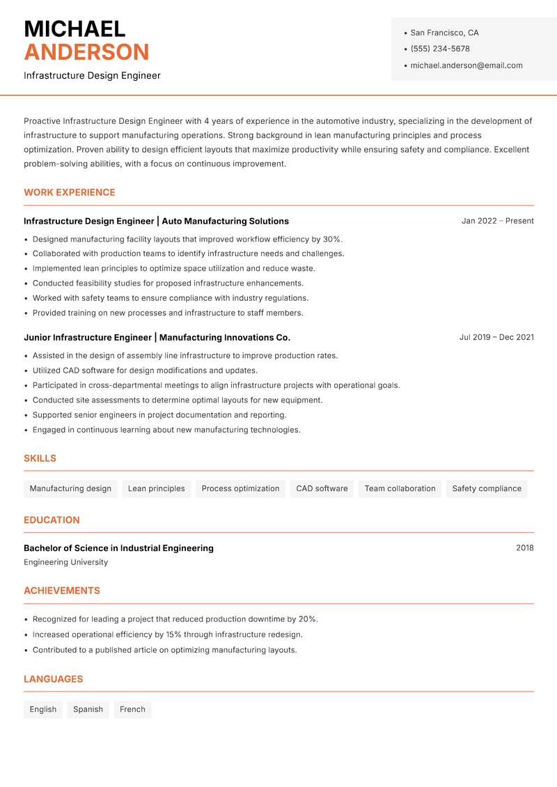 Infrastructure Design Engineer resume template — Modern Professional
