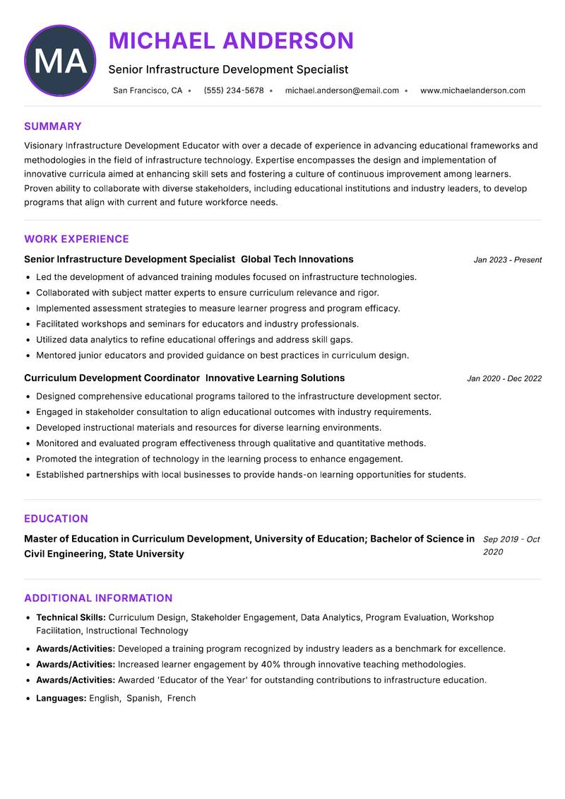 Infrastructure Development Educator resume example — ATS-friendly template