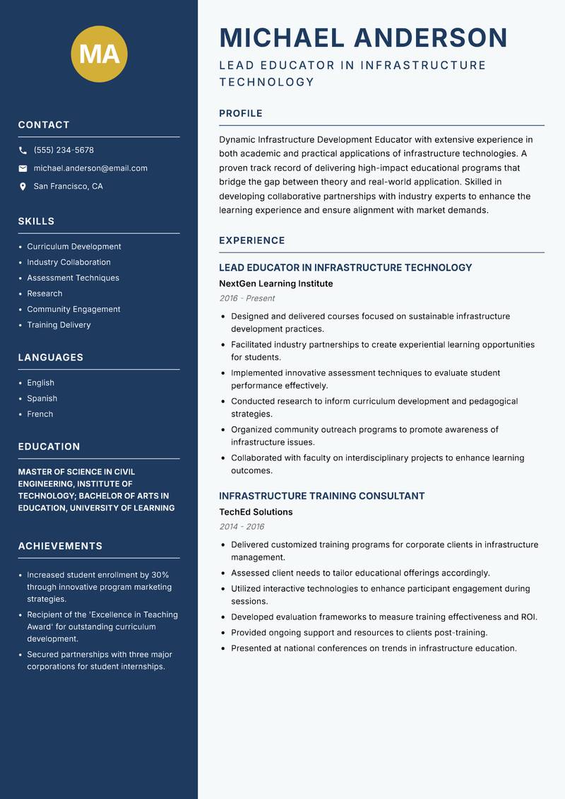 Infrastructure Development Educator resume template — Classic Clean