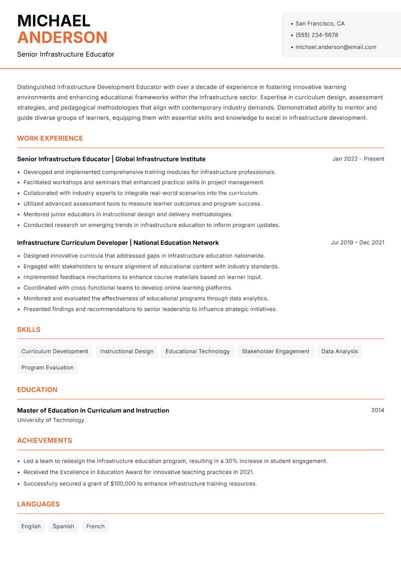 Infrastructure Development Educator resume template — Modern Professional
