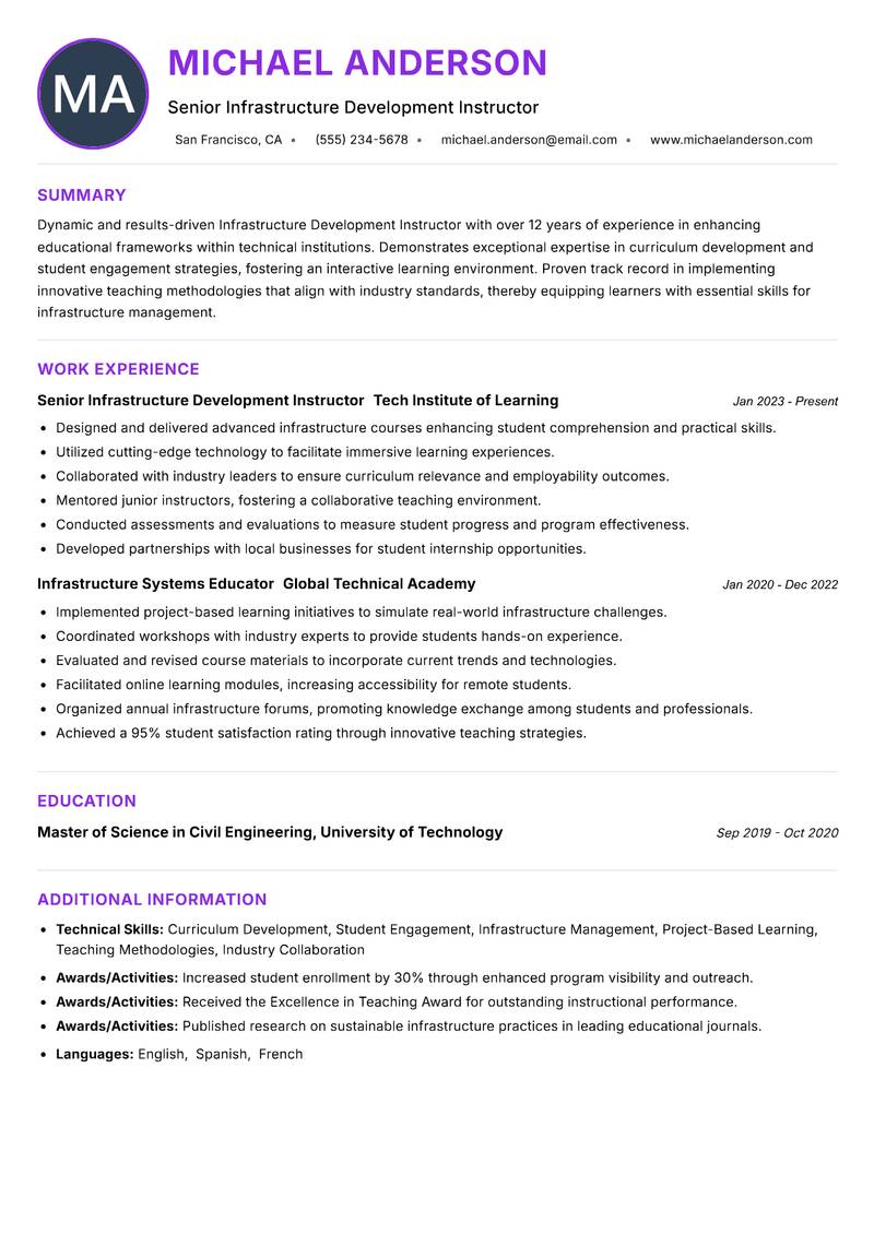 Infrastructure Development Instructor resume example — ATS-friendly template