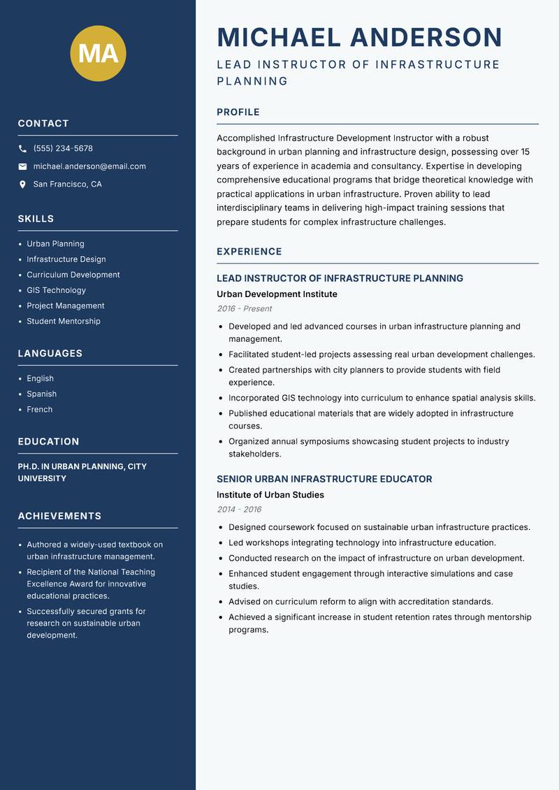 Infrastructure Development Instructor resume template — Classic Clean
