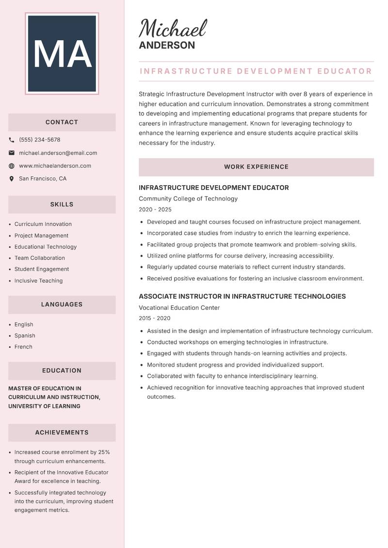 Infrastructure Development Instructor resume template — Executive