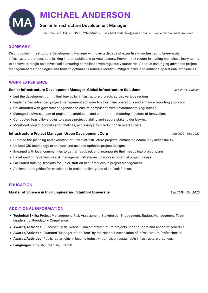 Infrastructure Development Manager resume example — ATS-friendly template