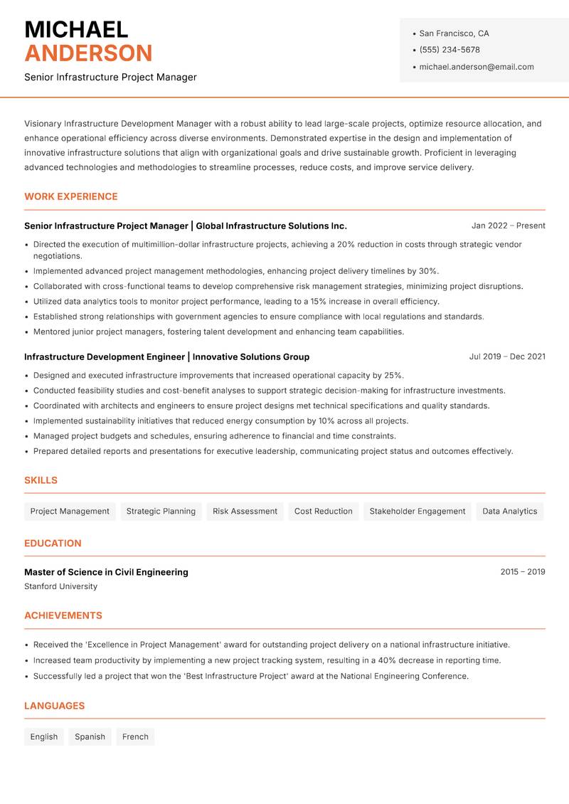 Infrastructure Development Manager resume template — Modern Professional