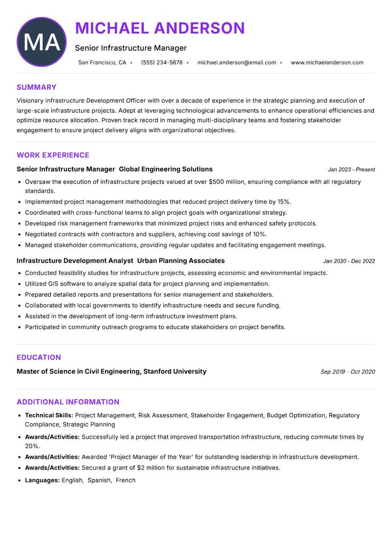 Infrastructure Development Officer resume example — ATS-friendly template