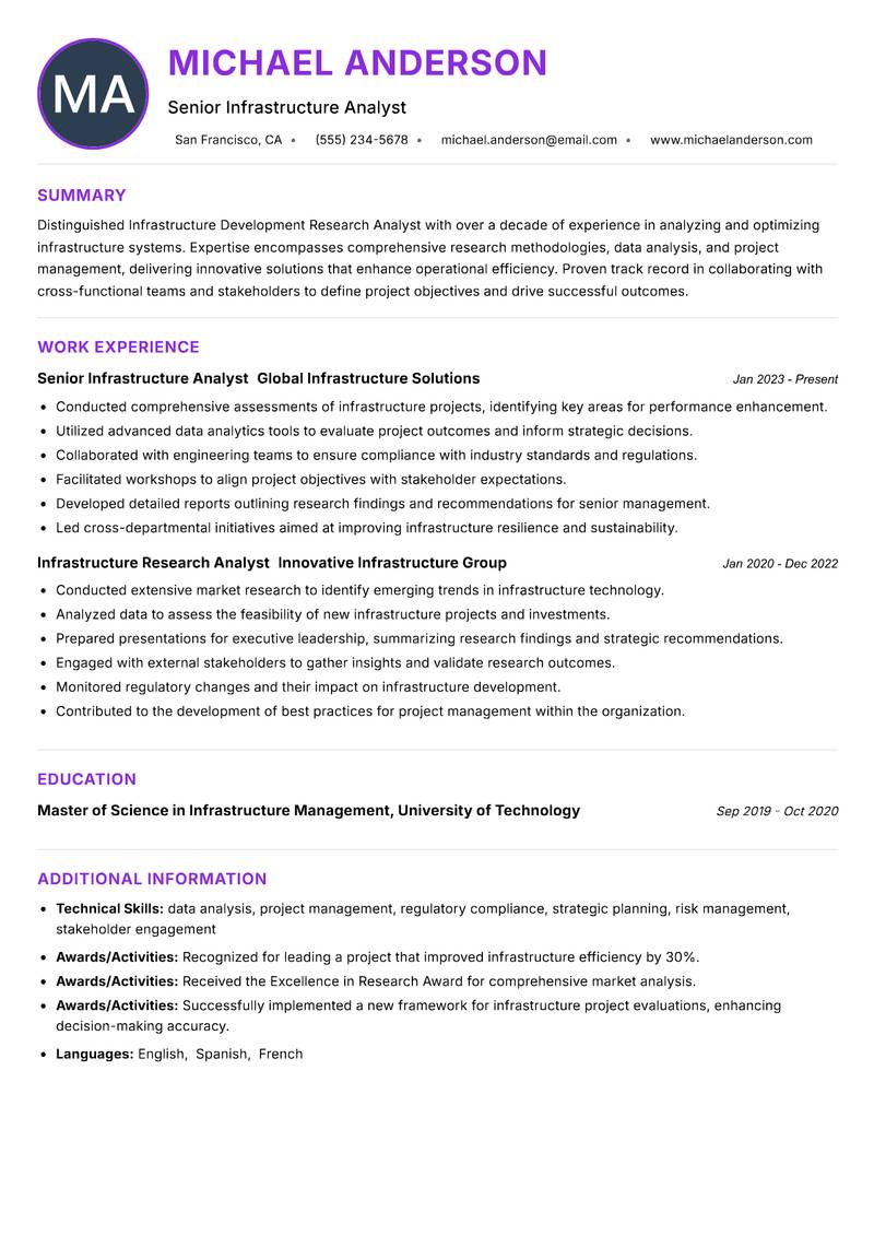 Infrastructure Development Research Analyst resume example — ATS-friendly template