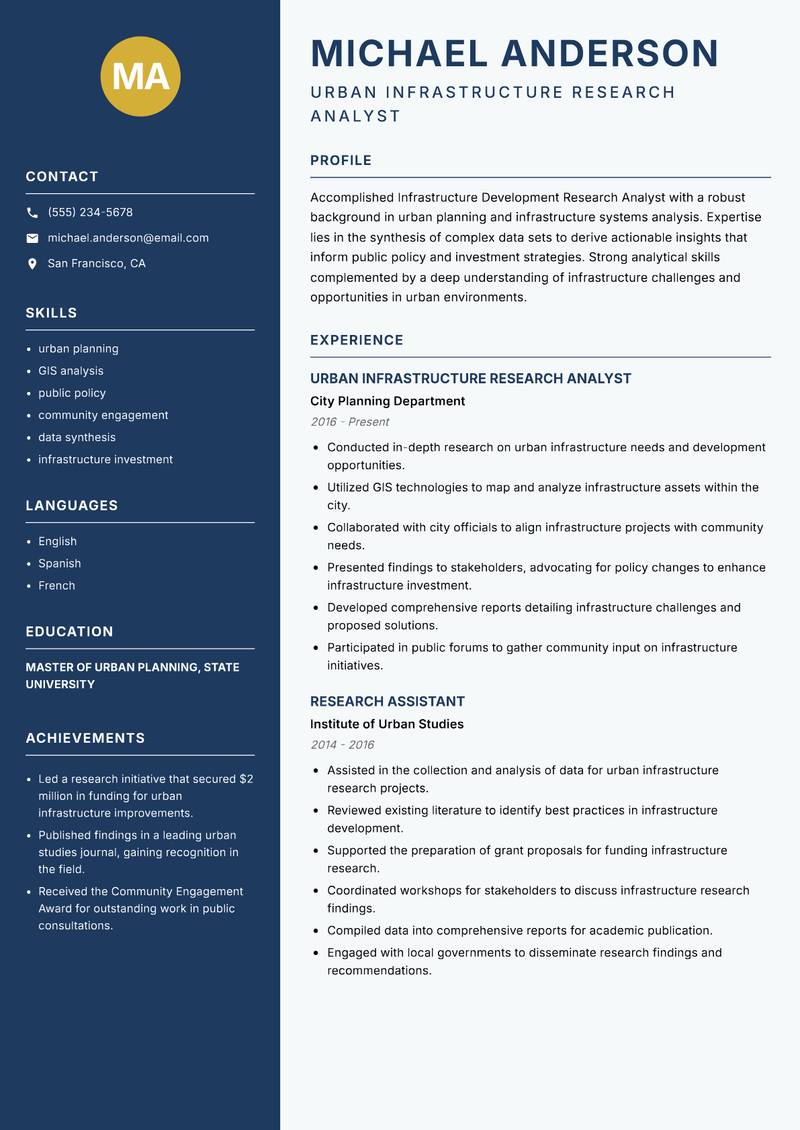 Infrastructure Development Research Analyst resume template — Classic Clean