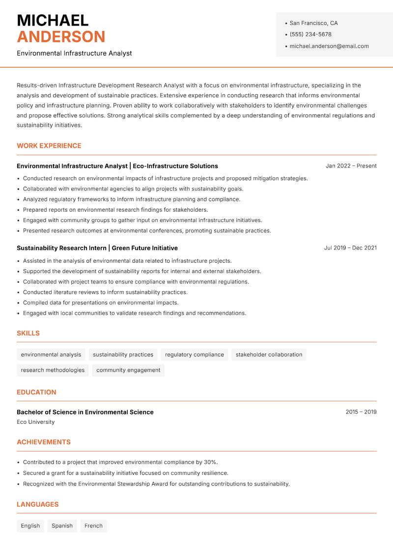 Infrastructure Development Research Analyst resume template — Modern Professional