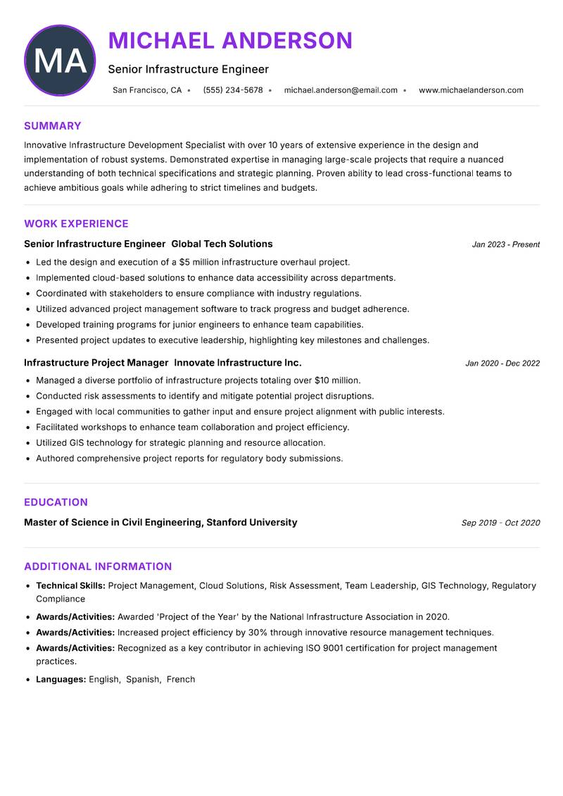 Infrastructure Development Specialist resume example — ATS-friendly template