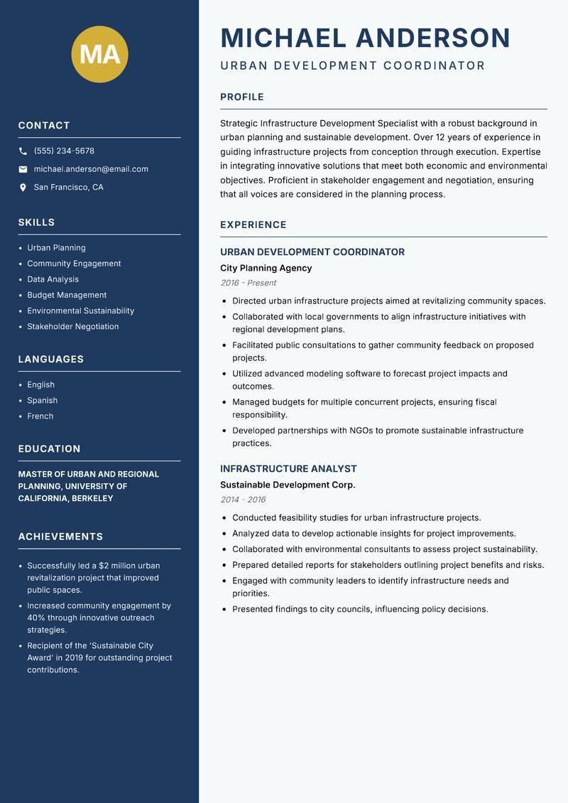 Infrastructure Development Specialist resume template — Classic Clean