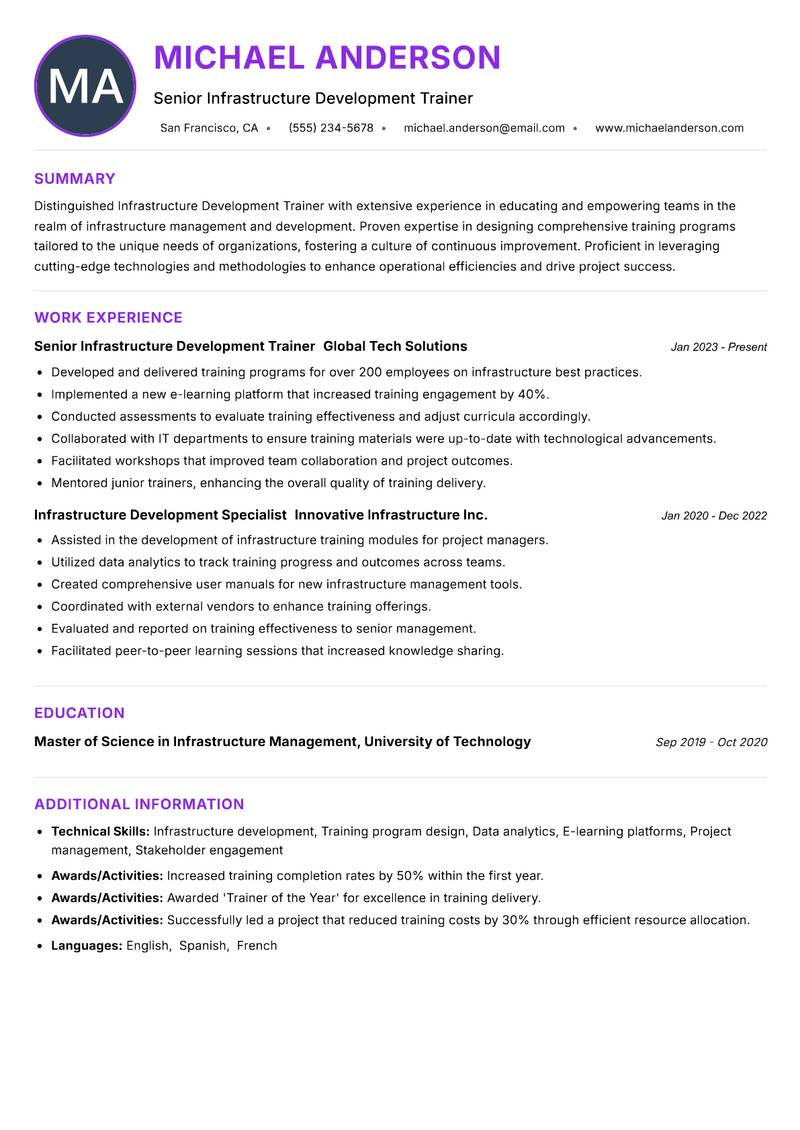 Infrastructure Development Trainer resume example — ATS-friendly template