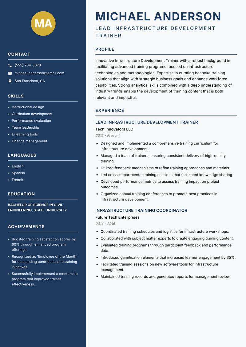 Infrastructure Development Trainer resume template — Classic Clean